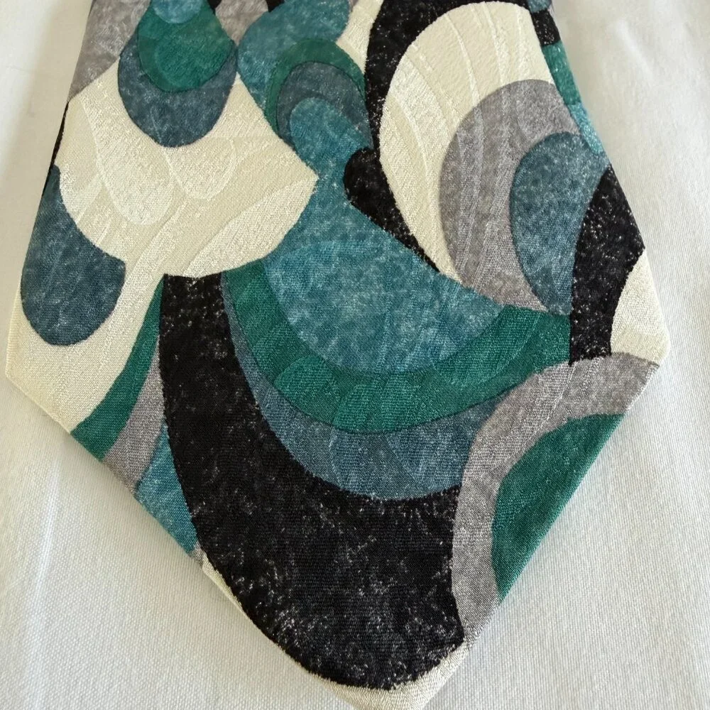 Vintage Valentino Pietro 100% Silk Abstract Print Turquoise Gray Black Tie